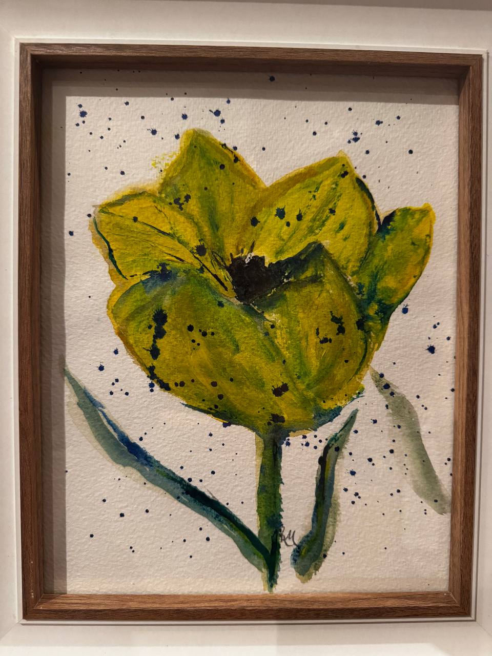 Expressive yellow-green tulip with deep blue splashes from a painting by Ros Morris